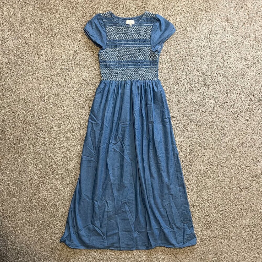 Bohme Blue Cotton Midi/Maxi Dress | Denim Chambray Ruched Stitching Lightweight